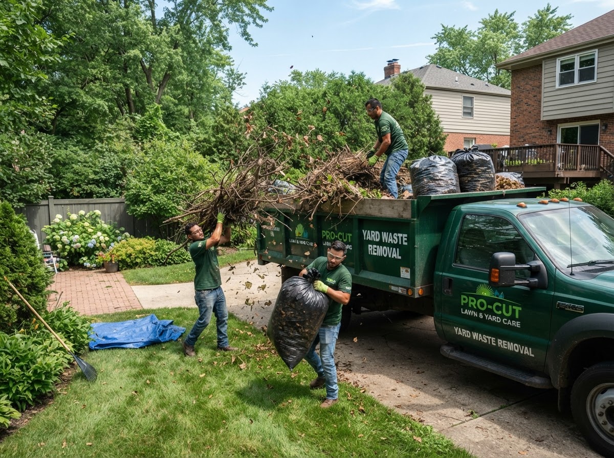 Yard waste and brush being loaded into a truck