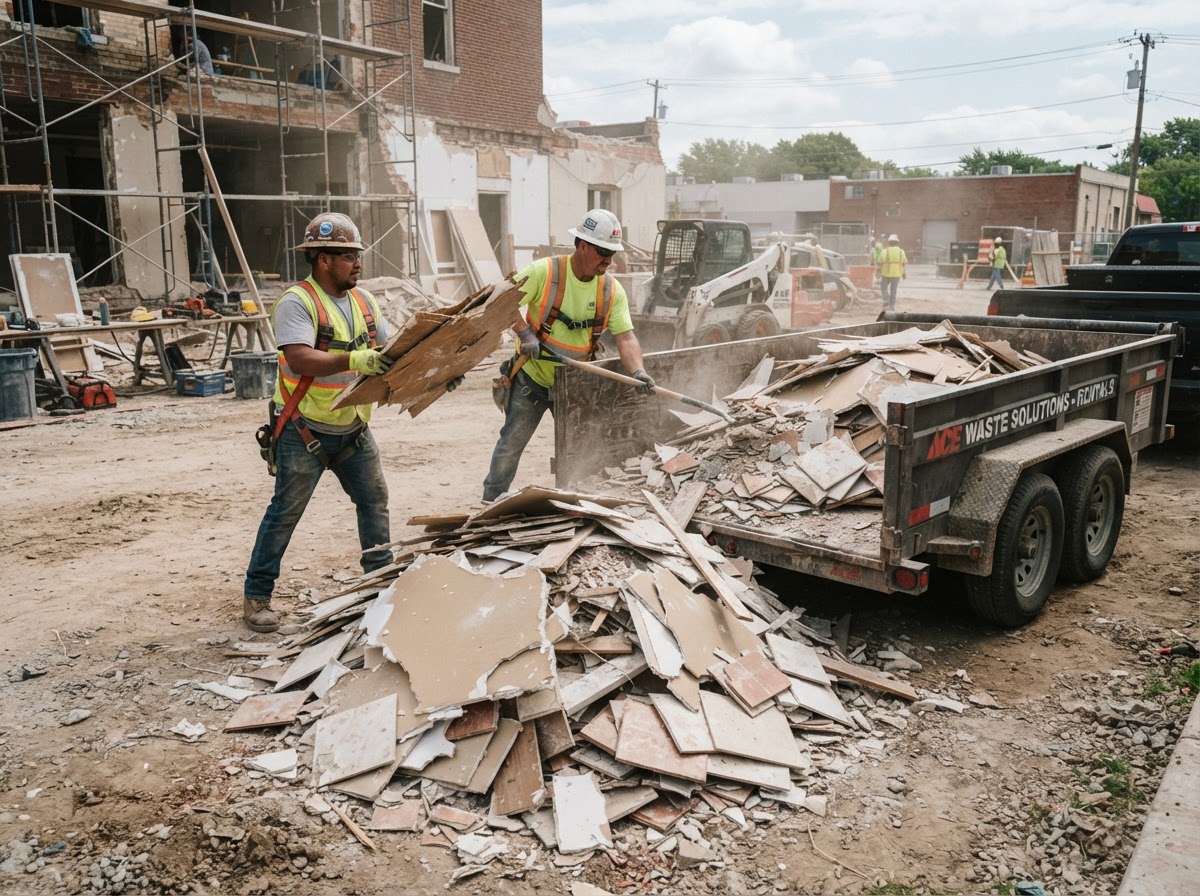 Construction debris loaded into a dump trailer