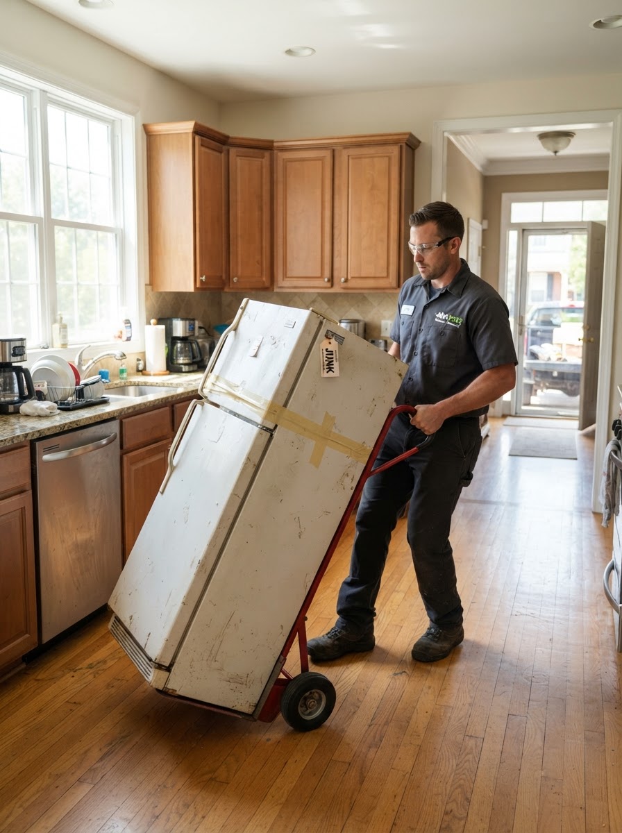 Technician moving an old refrigerator out of a kitchen