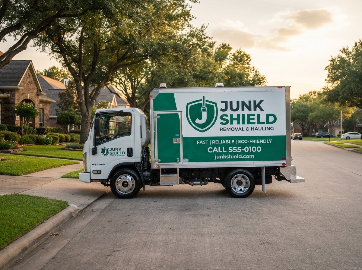 Branded TK Junk Removal truck parked on a suburban street