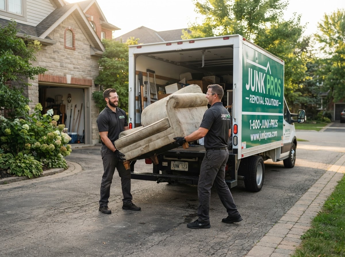 TK Junk Removal crew loading a sofa into a clean branded truck