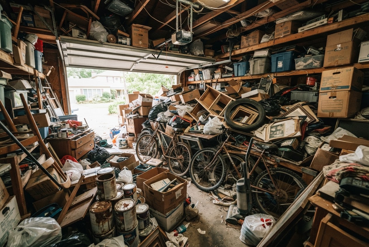 Garage filled floor to ceiling with junk before removal